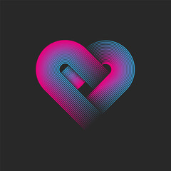 Wall Mural - Abstract heart shape logo, linear creative design emblem print from overlapping parallel thin lines pink blue gradient.