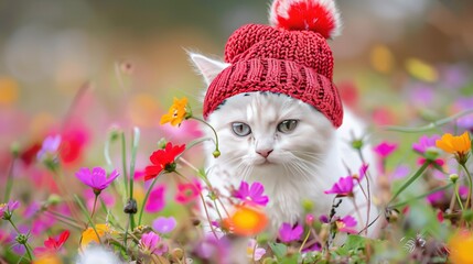 Wall Mural - A little white kitty in a red knitted hat with a pompom, vibrant and colorful, amidst a field of blooming flowers