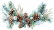 Soft watercolor wreath of frosted pinecones and evergreen sprigs, beautifully isolated, evoking the serene essence of a winter wonderland