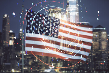Poster - double exposure of creative human brain microcircuit hologram on us flag and city background. future