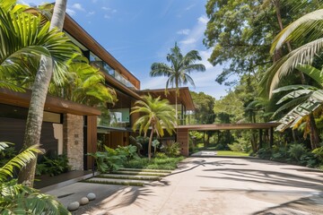 Canvas Print - modern tropical house with a palm treelined driveway