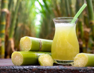 A glass of juice is poured into a glass with a green straw. The juice is made from sugar cane