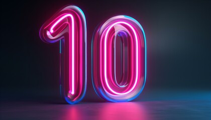Poster - Neon number 10 illuminated in pink and blue. 3D digital art with neon lighting. Modern decor style
