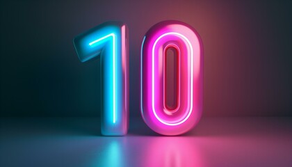 Poster - Neon number 10 illuminated in pink and blue. 3D digital art with neon lighting. Modern decor style
