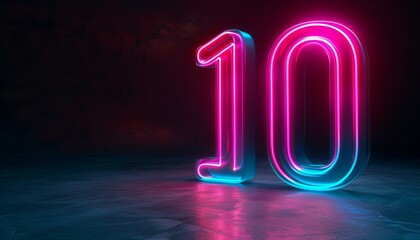 Poster - Neon number 10 illuminated in pink and blue. 3D digital art with neon lighting. Modern decor style