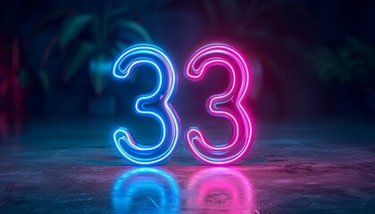 Poster - Glowing neon number 33 on dark textured background. 3D render for music, entertainment