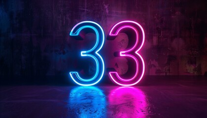 Poster - Glowing neon number 33 on dark textured background. 3D render for music, entertainment