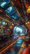 a vibrant and futuristic spaceship interior that exudes a hitech aesthetic, but with a hint of menacing evil lurking in the shadows