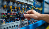 Fototapeta Panele - Close-up photo of an electrician hands working on an tech cabinet