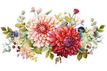 Wall Mural - watercolor of chrysanthemum clipart with bold and vibrant blooms. flowers frame, botanical border, Botanical illustration for design wedding card, invitation. Isolated on white background.