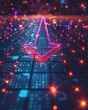 Glowing growth arrow on a futuristic grid, neon lights, low angle, wide lens , clean sharp focus