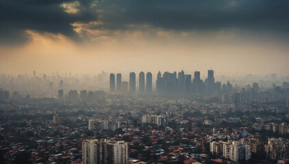 Smog city from PM 2.5 dust, Cityscape of buildings with bad weather and air pollution