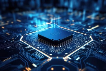 Poster - glowing circuit board ,Futuristic circuit board on a blue background 3d rendering Artificial intelligence Technology web background Virtual concept, AI generated