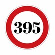 © Giree - 395 kmph or mph speed limit sign icon. Road side speed indicator safety element. Three hundred ninety five speed sign flat isolated on white background