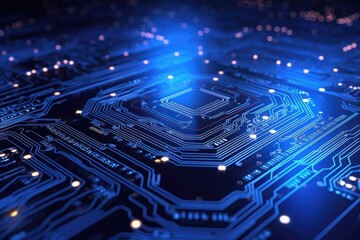 Poster - glowing circuit board ,Futuristic circuit board on a blue background 3d rendering Artificial intelligence Technology web background Virtual concept, AI generated