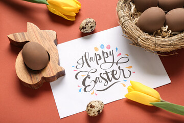 Poster - Greeting card with text HAPPY EASTER, painted eggs and tulips on red background