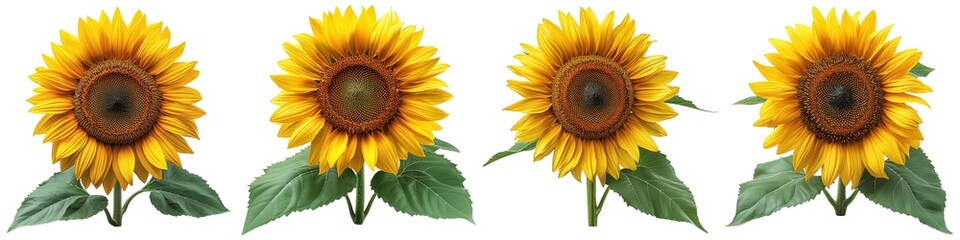 Wall Mural - Set of sunflowers with leaves isolated on transparent background