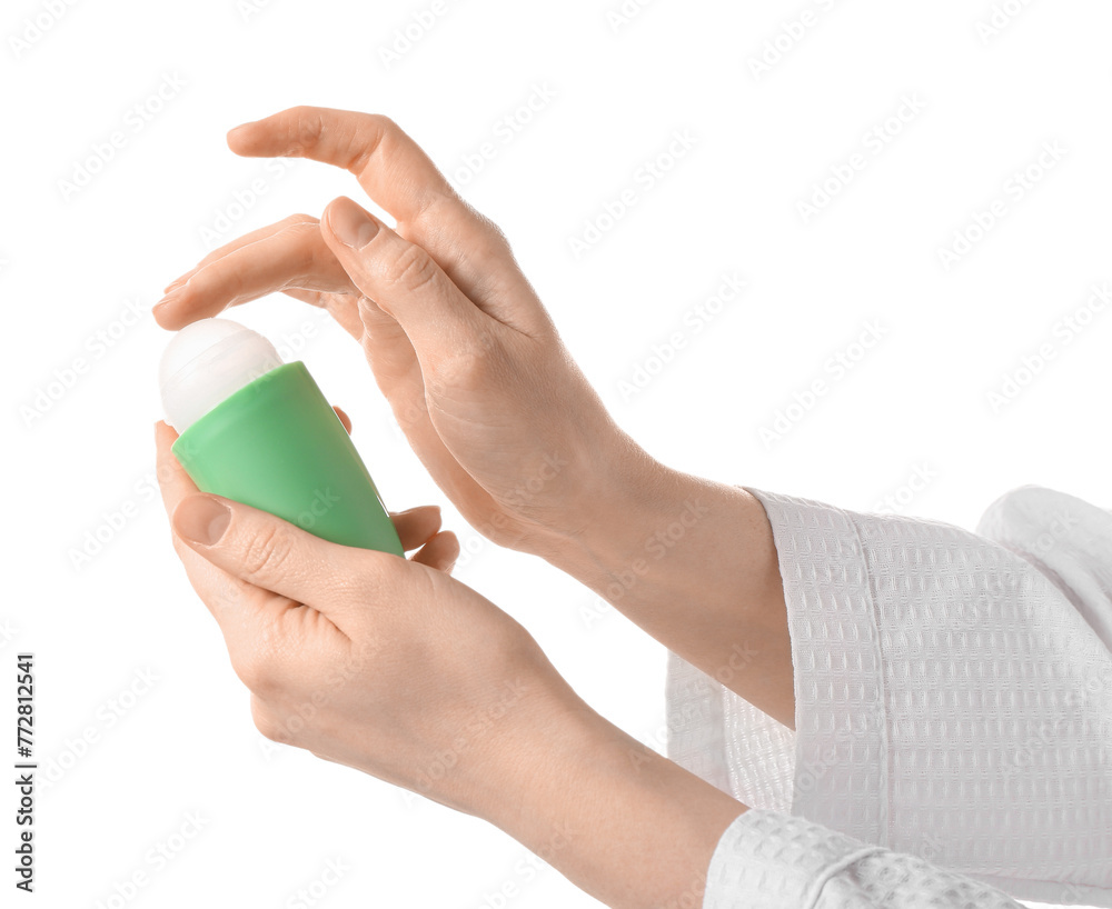 Female hands with deodorant on white background