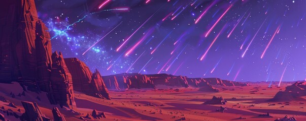 Wall Mural - Meteor shower over an alien desert landscape