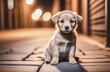 A little stray puppy on the city's evening streets. the concept of protection, protection and care of animals