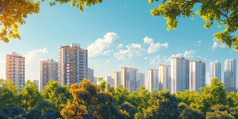 Urban landscape with contemporary apartment complexes and lush greenery in a residential district.