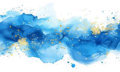 Watercolor blue abstract splash with gold glitter