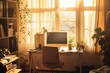  A serene home office bathed in golden sunlight, with a comfortable desk setup, potted plants, and a cozy atmosphere conducive to productivity during the working hour, Generative AI