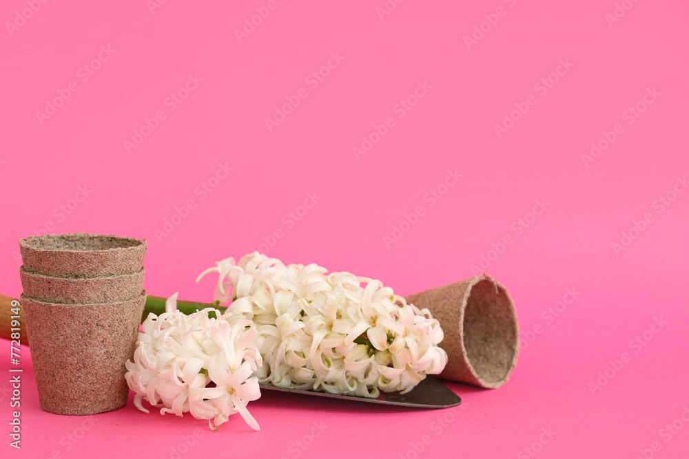 Pots, shovel and hyacinths on pink background