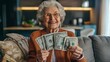 Elderly woman with joyful expression holding cash