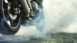 Close-up of a motorcycle's exhaust emitting smoke as it revs up for a race.