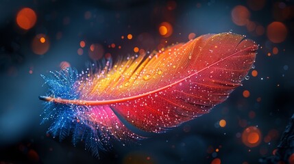 Wall Mural - Illuminated feather with water droplets on a bokeh background