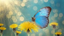 Natural Pastel Background. Morpho Butterfly And Dandelion. Seeds Of A Dandelion Flower In Drops Of Water On A Background Of Sunrise