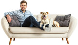 Fototapeta  - Handsome young guy is lying on a modern sofa together with his happy dog, isolated on a white background