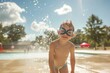 child with goggles on splash pad during sunny day