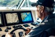 captain steering yacht, focused on navigational screens