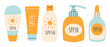 Set of Sunscreens, lotions with SPF. Sunscreen protection and sun safety. Sunscreen, lotion with SPF. Sunscreen lotion isolated. hand drawn vector illustration. Flat style.