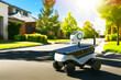 robot equipped with solar panels delivering in a sunny suburb