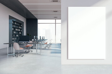 Poster - Modern coworking office interior with empty white mock up frame, furniture, windows and equipment. Workplace concept. 3D Rendering.