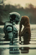 Close view of woman with robot in the lake, rain drops on them,