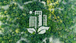 sustainable green building environmentally friendly buildings Future green business idea Environmental sustainability goals in 2050. White building shape amidst pristine nature.