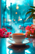 Steaming coffee cup on table with warm, bokeh light background.
