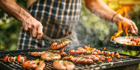 Food, people and family time concept - man cooking meat on barbecue grill at summer garden party