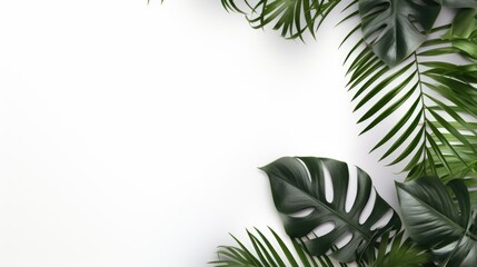 Wall Mural - Tropical leaves on white background. Flat lay, top view. Palm and monstera