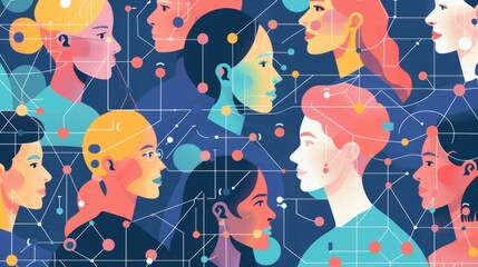 Poster - Colorful Illustration of Diverse Faces Connected by Digital Networks