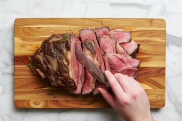 Wall Mural - person slicing sousvide cooked prime rib on cutting board