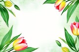 Fototapeta Tulipany - Background with bouquet of tulips, pink flowers on a white background. Flat lay, top view.