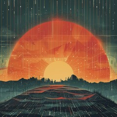 Wall Mural - An artistic portrayal of a code-emitting sun over a digital setting, against a data-rich backdrop, symbolizing industry enlightenment.