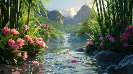 Poster - Tropical valley, bamboo, flower blooms, stream in the mountain. Generative AI.