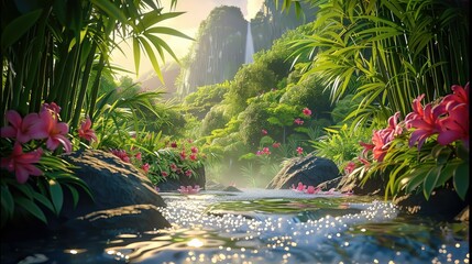 Poster - Tropical valley, bamboo, flower blooms, stream in the mountain. Generative AI.