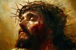 Closeup portrait of Jesus Christ with crown of thorns, oil painting style